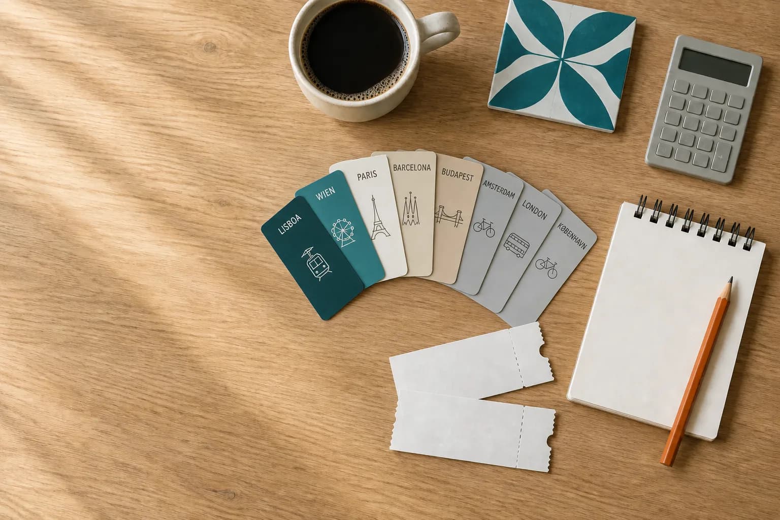 Top view of a desk during trip planning: a fan of cards labelled with cities from Lisbon to Copenhagen, two tickets, a coffee cup, an azulejo tile, a calculator and a notepad with a pencil