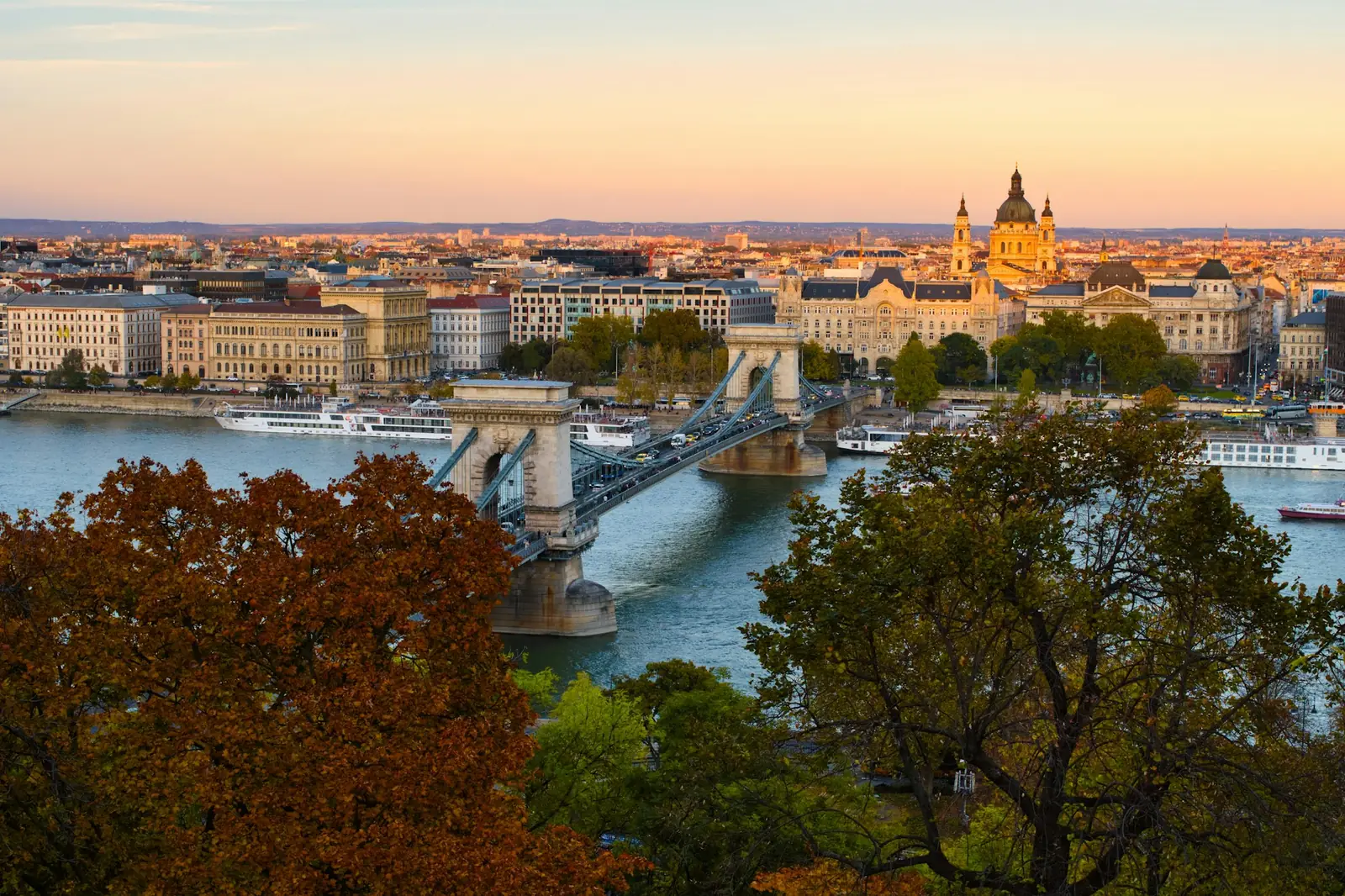 Chain Bridge over the Danube with a view of Pest and the dome of St. Stephen's Basilica